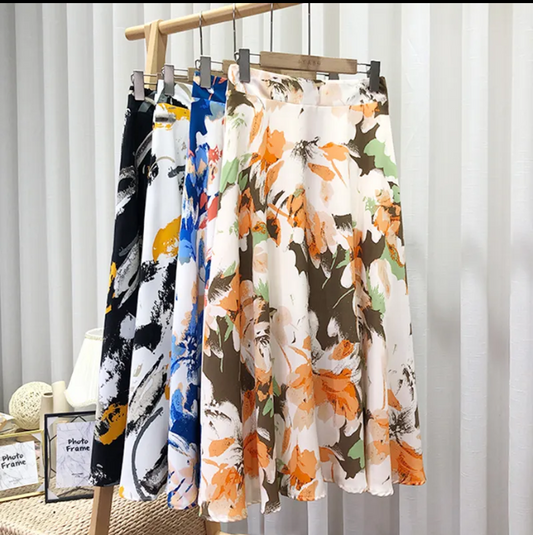 Floral Print High Waist A-line Skirts for Ladies Casual Kawaii Chiffon Lining Casual   Midi Faldas Swing Skirt Women