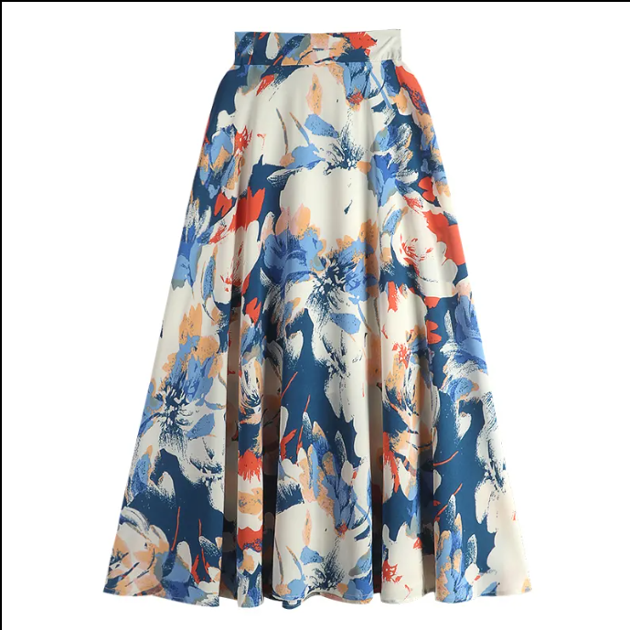 Floral Print High Waist A-line Skirts for Ladies Casual Kawaii Chiffon Lining Casual   Midi Faldas Swing Skirt Women